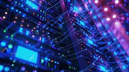 Big data center technology warehouse with rows of illuminated servers, light trails effect Generated AI