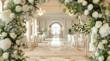 Ballroom adorned with elegant floral arches and lavish flower arrangements. The luxurious setting features grand chandeliers, a refined color palette