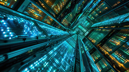 Big data center technology warehouse with rows of illuminated servers, light trails effect Generated AI
