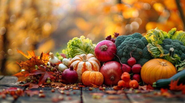 rural thanksgiving traditions, in a rural countryside, authentic thanksgiving traditions include outdoor vegetable harvest with autumn foliage backdrop, free space for copy