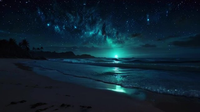 fantasy beach at night with bioluminescent waves softly crashing against the shore under a starry sky, 4K wallpaper animation video