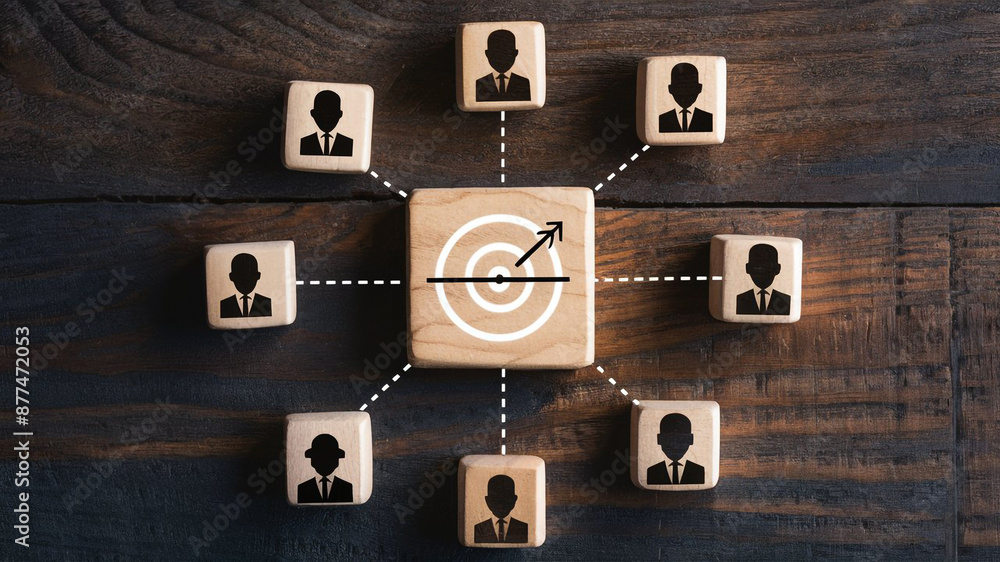 Poster crm concept illustrated with wooden block showing target icon connected with human icons for custome