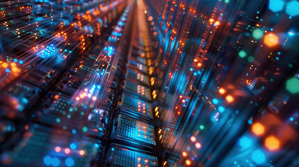 Big data center technology warehouse with rows of illuminated servers, light trails effect Generated AI