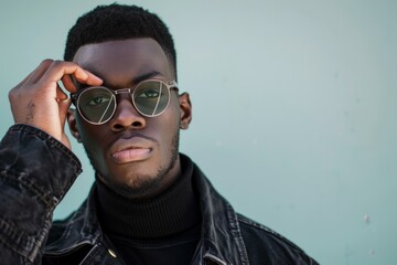 Young black man wearing sunglasses is adjusting his glasses while posing in front of a solid color studio background