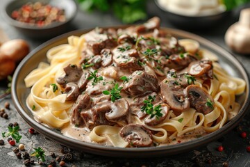 A plate of beef stroganoff with tender beef strips in a creamy mushroom sauce, served over a bed of egg noodles. 
