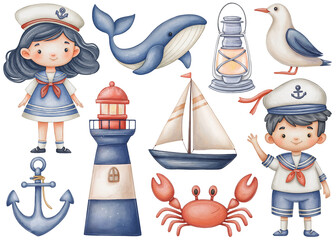 Children sailors and nautical clipart set