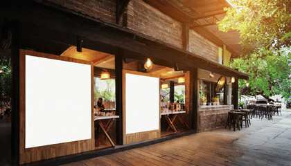 Mockup billboards or white promotion poster displayed on the front of the restaurant, coffee