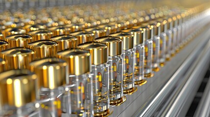 Close-up of numerous glass bottles with shiny gold caps moving along a silver conveyor belt