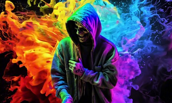 Zombie in a scratchy hoody surrounded by a vivid color bomb explosion background, ultra-realistic rendering