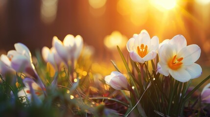 Spring Flowers in Sunlight with Blur Focus and Copy Space