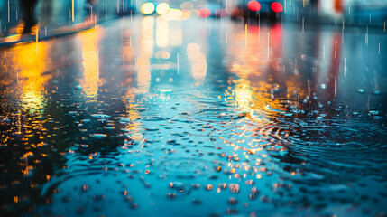 Obraz premium Rainy Urban Street, Wet Asphalt Reflections, Abstract City Nature Background 