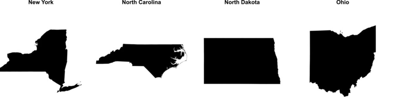 New York, North Carolina, North Dakota, Ohio outline maps