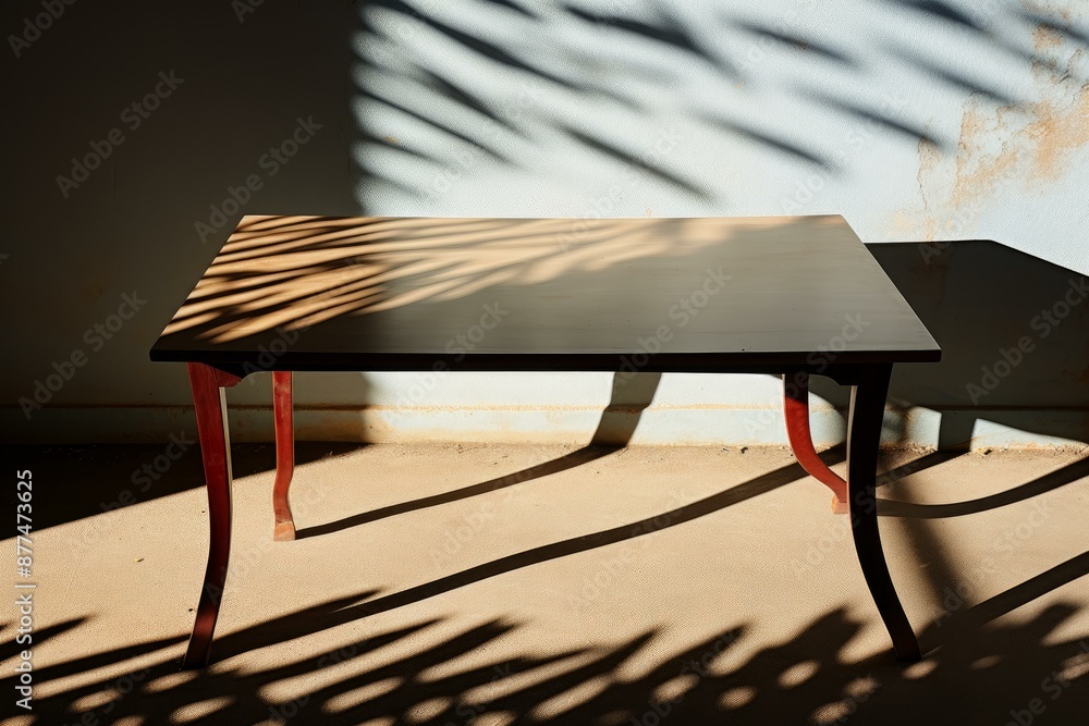 Poster rustic vintage wooden table with intricate patterns and textured shadows cast by the sunlight agains