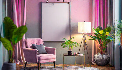mock up poster frame in modern interior background, living room, Contemporary style, 3D render, 3D illustration