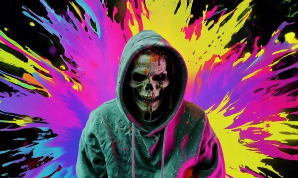Zombie in a scratchy hoody surrounded by a vivid color bomb explosion background, ultra-realistic rendering