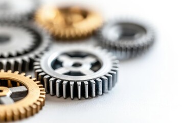 Close-up of metal gears in various sizes and colors, showcasing intricate industrial machinery and engineering precision.