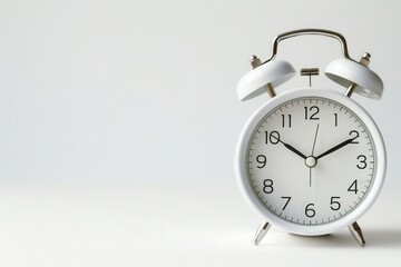 Minimalistic white retro alarm clock on a plain background symbolizes time management, deadlines, and punctuality.
