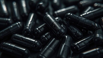 Dark paper background with creatine capsules in soft focus Close up view with empty space