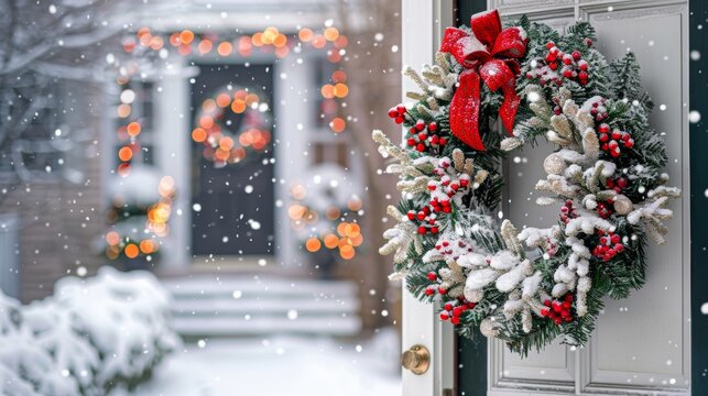 holiday wreath dcor, a festive christmas wreath with white snow and red berries on the front door gives a warm welcome to guests, a timeless holiday decor suggestion