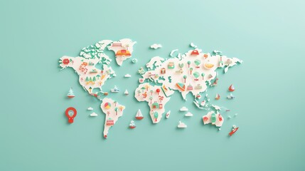An imaginative illustration of a world map adorned with icons representing various aspects of global knowledge and information dissemination.
