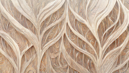 3D horizontal wavy texture background. Carved abstract realistic decoration textured waves on wood. AI 3d illustration. Trendy geometry wallpaper interior design. Structure art backdrop, macro