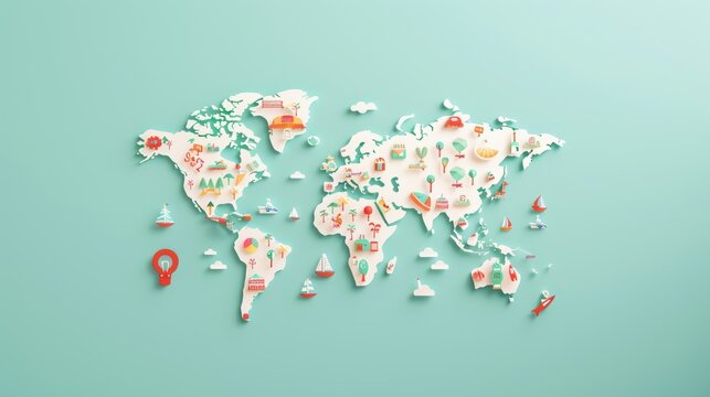 An imaginative illustration of a world map adorned with icons representing various aspects of global knowledge and information dissemination.