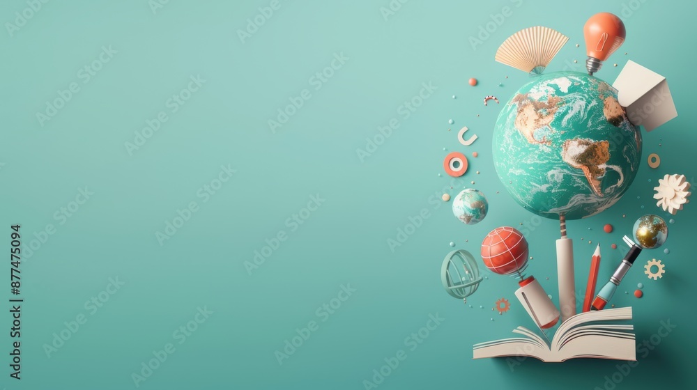 Poster an abstract illustration of a globe with educational icons and symbols emerging from its surface, il