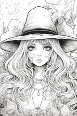 A young, beautiful witch with fluffy hair and big eyes. Boho style. Lots of elements. Сoloring book page,  no shading, black and white, thick lines, white background. Generative AI tools