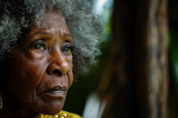 Senior black woman with grey hair making serious face expression