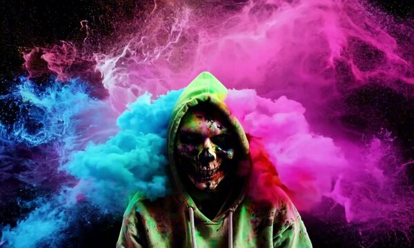 Zombie in a scratchy hoody surrounded by a vivid color bomb explosion background, ultra-realistic rendering
