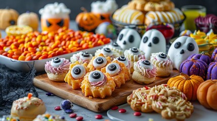 halloween dessert charcuterie, halloween-themed charcuterie board featuring witch finger cookies, eyeball cake pops, and ghost marshmallows for a spooky celebration
