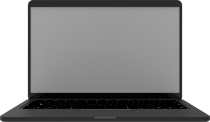 black laptop with a blank white screen and isolated on a transparent background