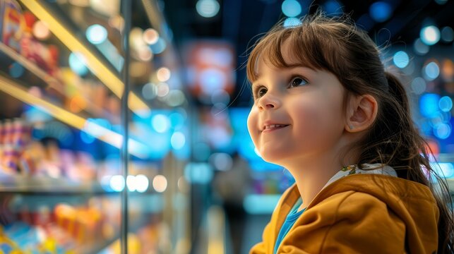 A young girl looks with wonder and excitement at colorful displays in a store, her face illuminated by bright lights.