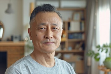 Obraz premium Portrait of a content asian man in his 40s donning a trendy cropped top isolated in crisp minimalistic living room