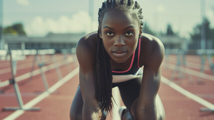 A female athlete crouching at the start line ready for the race
