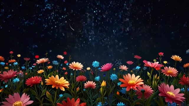 A magical garden with various pink flowers, fairies flitting about, and a dusky sky with auroras and twinkling stars, 4K High-Quality wallpaper animation video
