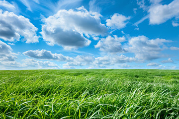 Obraz premium Beautiful green grass field with blue sky.