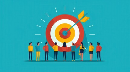 Illustration of a diverse team working together, aiming to achieve the target, symbolizing teamwork, goal achievement, and collaboration.