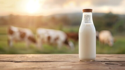 Glass bottle of fresh milk on wooden table with blurred cows grazing in background at sunrise, symbolizing natural farming and dairy products.
