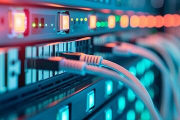 Naklejka premium Advanced servers processing internet data, top view, optimizing connectivity, advanced tone, Complementary Color Scheme
