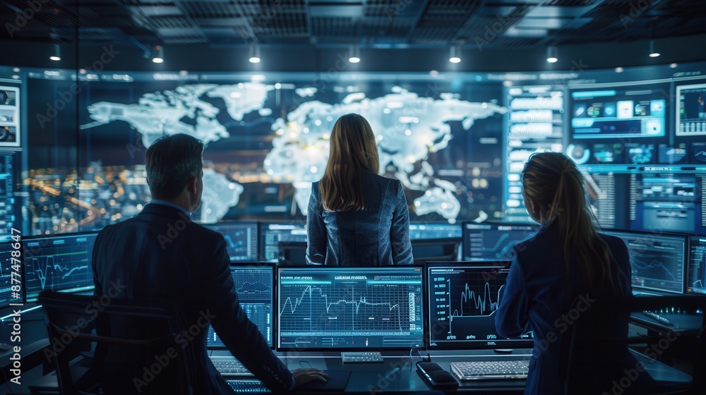 Aufkleber team of professionals working in a high-tech control room with multiple monitors, analyzing global d
