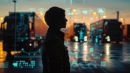 Silhouette of a person with transportation and digital data graphics background, highlighting modern logistics and technology.