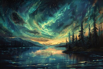 Mesmerizing Aurora Borealis Over a Tranquil Lake