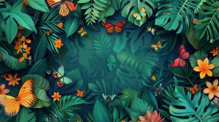 Vibrant tropical foliage with colorful butterflies and flowers, creating a lush, exotic nature background.