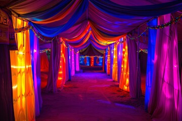 Fototapeta premium Colorful Curtains and Lights in a Tent.