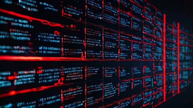 A wall of blue and red computer code with red laser lines.