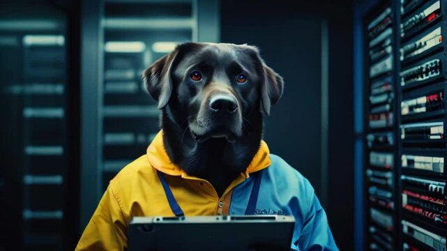 A black Labrador Retriever dog wearing a yellow and blue jacket is sitting in a server room.