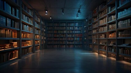 A dark library with blue glowing lights on the floor and bookshelves lining the walls. - Powered by Adobe