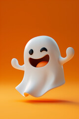 Cute funny 3D ghost monster character emoji on vibrant orange background, Halloween tradition celebration greeting card concept with copy space.