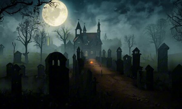 Zombies rising from graveyard in scary and spooky night, Halloween background concept. Digital painting